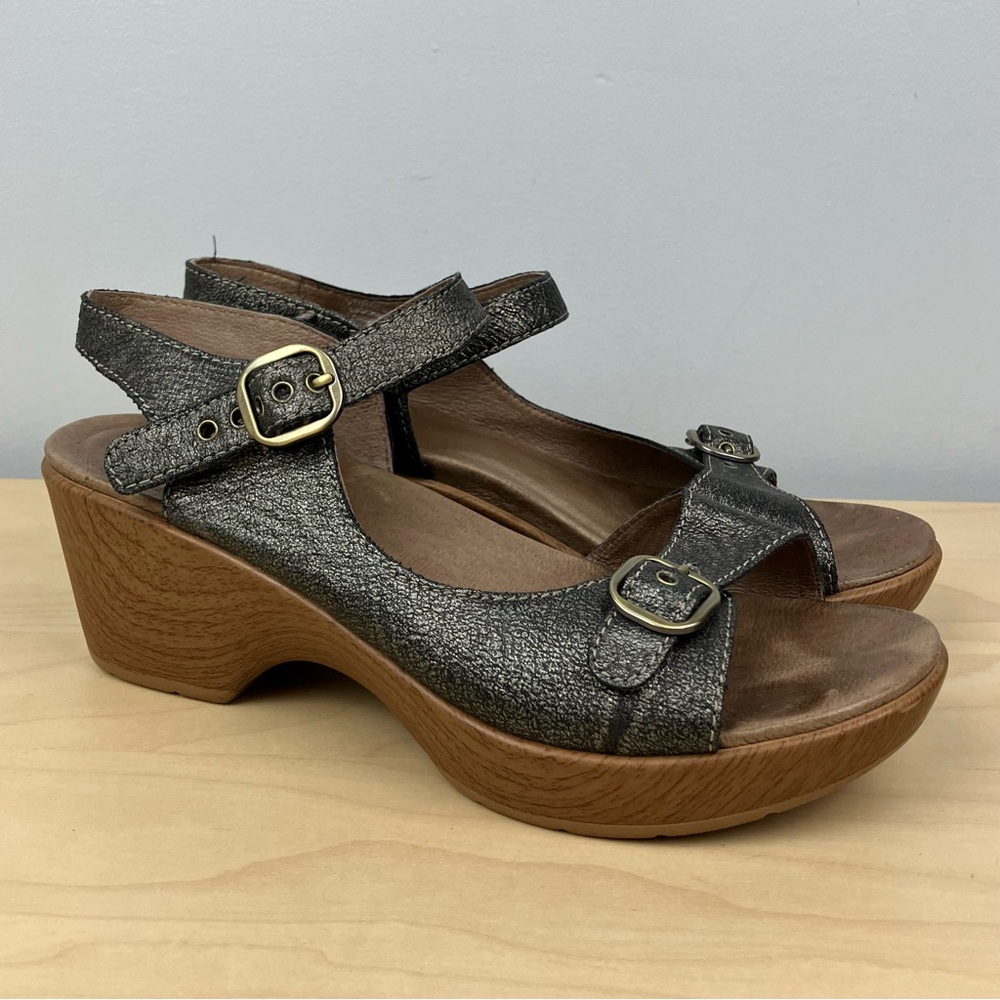 Dansko Metallic Pewter Leather Wedge Sandals with Wood-Look Heel